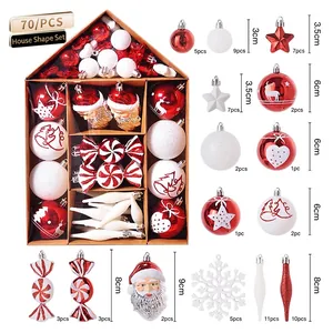 70-piece Christmas ornament set including red and white glitter balls, stars and snowflakes