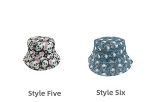 Detail of Style 5 skull rose and Style 6 skull octopus prints on reversible bucket hats