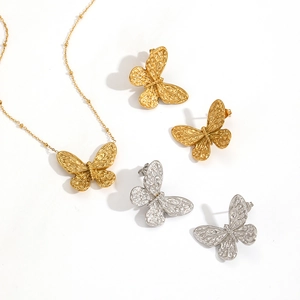 18K gold plated stainless steel butterfly jewelry set with necklace and stud earrings