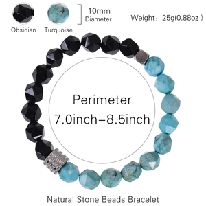 Bracelet extensible pour hommes avec perles de turquoise et obsidienne facettées 10mm