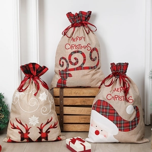 Christmas Gift Bags Faux Burlap Drawstring Sack Santa Reindeer Snowflake Plaid Rustic Holiday Party Celebration Decor