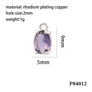 Macro detail of purple oval gemstone pendant in rhodium-plated copper with size dimensions