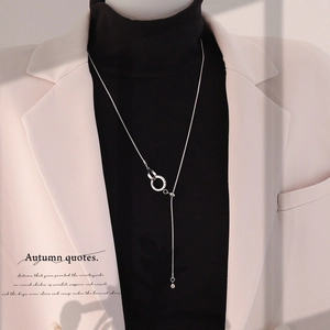 Silver heart pendant necklace in titanium steel, featuring double-ring Y-shape tassel chain