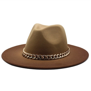 Detail of two-tone khaki and brown fedora hat with a bold gold metal chain band
