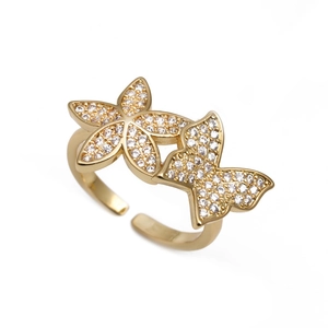 Adjustable gold flower and butterfly open ring with micro-pave white zircon crystals