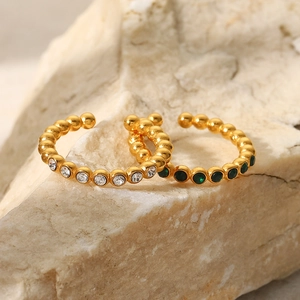 French style 18K gold plated stainless steel bead rings with white and green zircons
