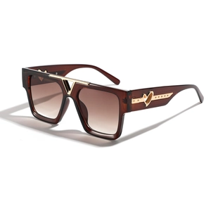 Square oversized sunglasses with gradient brown lenses and golden heart-shaped temples