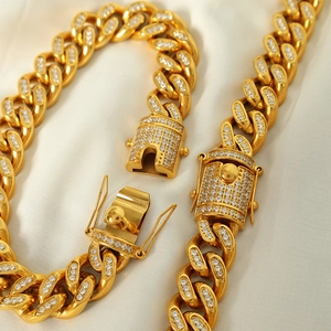 18k gold plated Cuban link chain necklace with sparkling zircon pavé for women