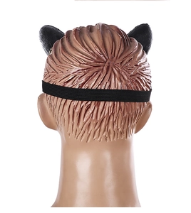 Detailed back view of the brown animal mask featuring black horns and elastic head strap
