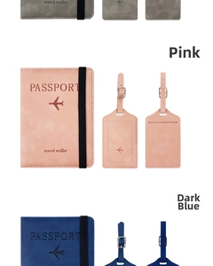 Detail of PU leather passport cover and luggage tag set with elastic strap in various colors
