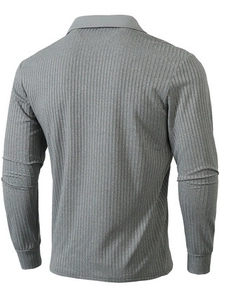 Detail showing the gray vertical ribbed texture and premium fabric of the men's long sleeve polo