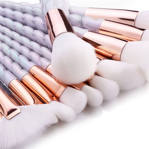 10-piece professional spiral handle makeup brush set with white bristles and iridescent finish