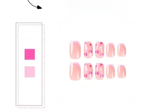 Detail view of 10-piece pink French press-on nails with red heart patterns on white background