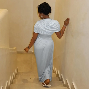 Light blue slim fit long dress with pleated cowl neck design and open back from behind