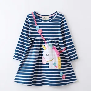 Girls long sleeve blue white striped dress with unicorn embroidery and rainbow fringe detail
