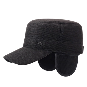 Men's winter flat top cadet hat with ear protection in black warm wool blend fabric