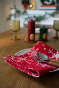 Close-up of red Christmas napkin with white snowflake print on a white ceramic plate