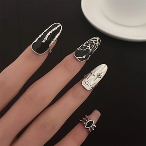 Gothic silver and black nail rings with zircon inlay and mechanical liquid metal design