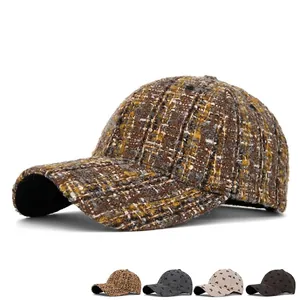 Fashionable brown tweed baseball cap for women with thick woven texture and casual style