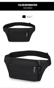 Detail view of durable black nylon waist bag with multiple functional zipper compartments