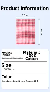 Macro detail of red plaid cotton kitchen towel showing the 28x40cm dimensions and soft texture