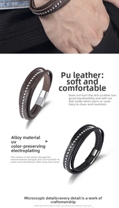 Détail de bracelets multicouches en cuir tressé avec fermoir magnétique métallique