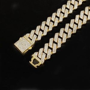 20mm gold Cuban link chain with triple row rhinestones and spring buckle for hip hop style