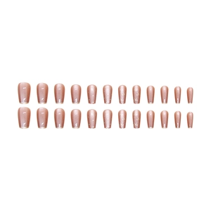 Faux ongles œil-de-chat rose nude avec nœud 3D et forme ballerine, ensemble de 24