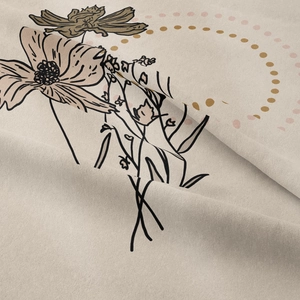 Macro shot of cotton linen wall tapestry showing texture and floral print details