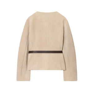 Veste courte pour femme effet daim beige clair avec ceinture en cuir marron au dos