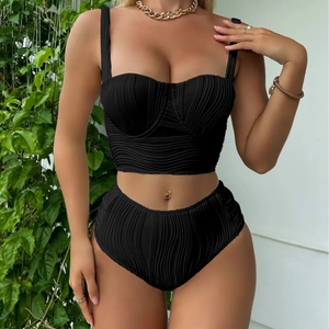 Two-piece black ribbed bikini set with underwire top and high-waisted bottoms for women