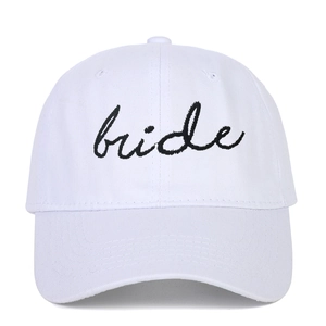White cotton baseball cap with black embroidered bride lettering for outdoor sun protection
