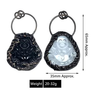 Lachender Buddha Anhänger mit antikem Bronze-Rand und Maßangaben für Pulloverketten