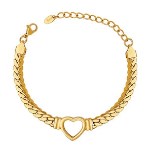 Gold hollow heart charm on a chunky cuban link chain bracelet made of titanium steel