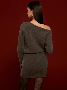 Dark brown off-shoulder knitted wool mini dress with back view and slim bodycon fit