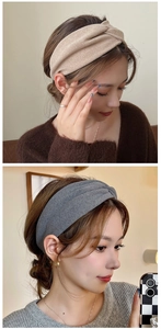 Detail view of soft velvet headbands with a stylish cross-knot design in beige and grey