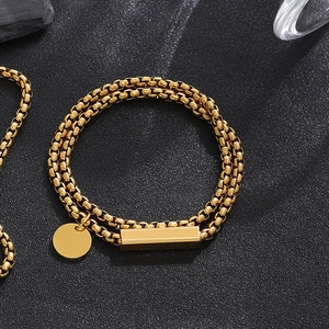 Double-layered gold stainless steel box chain bracelet with round and rectangular charms