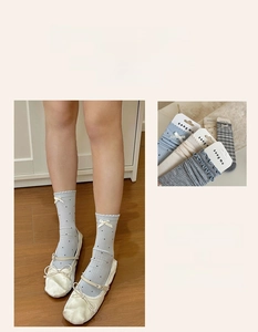 Detail of blue and white bow socks with polka dots and wavy edge in sweet Japanese style