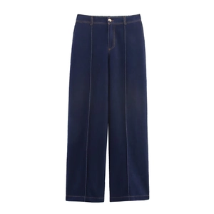 Dunkelblaue High-Waist-Jeans mit weitem Bein, Metallknopf und sichtbaren Nähten