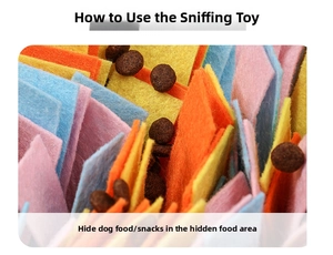 Macro detail of dog kibble hidden within colorful felt layers of a pet sniffing mat