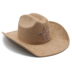 Detail of faux suede cowboy hat featuring a sparkling rhinestone star emblem and curved brim