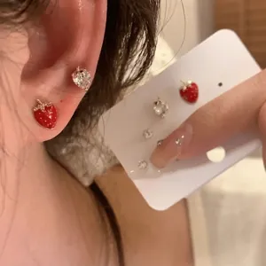 Silver needle strawberry stud earring set with red zircon and pearl accents for women