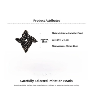 Detail showing floral fabric scrunchie with white pearls and 26x26cm dimension specifications