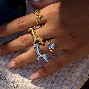 Chic cat and dachshund stainless steel open rings in gold and silver finish