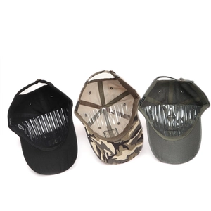 Detailed view of camo and solid baseball caps with adjustable metal buckles and breathable eyelets