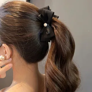 Black Satin Bow Banana Hair Clip With Faux Artificial Pearl Elegant Vintage Vertical Ponytail Holder For Women Fashion