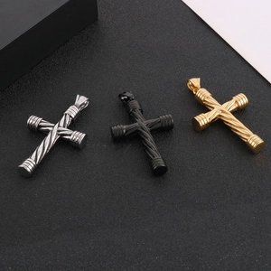 Twisted texture cross pendants in silver, gold, and black stainless steel for men
