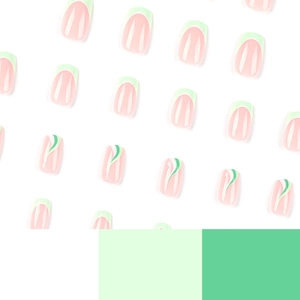 Green and white wave pattern French press on nails set with natural pink base