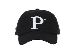 Detail of white embroidered P logo on a black cotton six-panel baseball cap