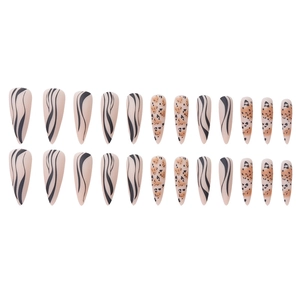 Matte long stiletto press-on nails with leopard print and black wave patterns